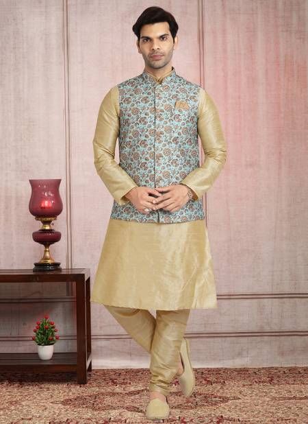 Pista Green Colour Festive Wear Jacquard Banarasi Silk Digital Print Kurta Pajama With Jacket Mens Collection 1201